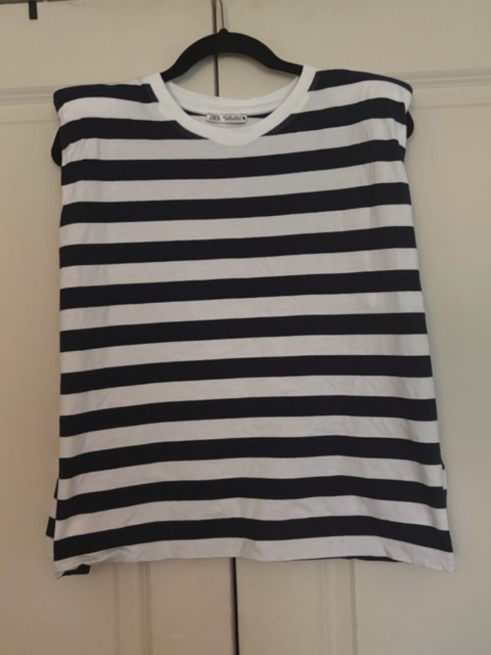 Zara Women’s Navy/White Striped Cap Sleeve Shirt w/ Shoulder Pads